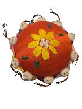 Vintage Pin Cushion Handmade  Embroidered Chinese 10 Faces